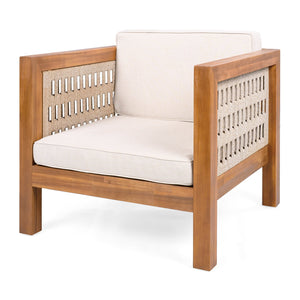 English Elm Acacia Wood Outdoor Lounge Chair with Wicker Arms Teak Finish Patio Seating N779P359687B