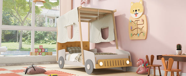 English Elm Wood Twin Car Bed with Pillow, Ceiling Canopy & LED Night Lights, Solid Pine Frame, Fun Kids Ride Bed - Twin Size, Natural Finish WF309288AAM