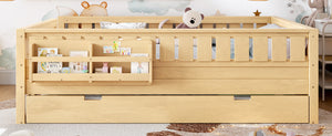 English Elm Queen Bunk Bed with Trundle Solid Pine Kids Car Themed Frame Built-in Bookshelf Light Natural W1580S00563
