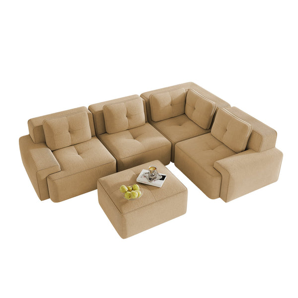 English Elm Modern Corduroy Sectional Sofa Deep Seat V Shape Tufted Couch with Movable Ottoman Camel W714S01588
