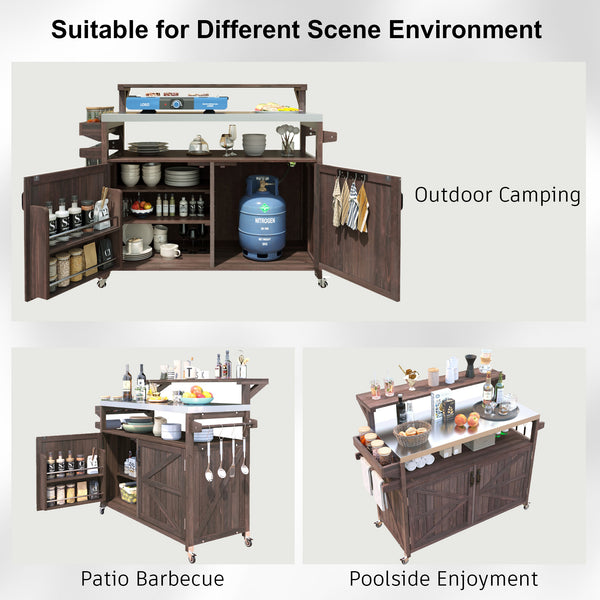 English Elm K&K 53.3" Outdoor Kitchen Island with 1.2" Stainless Top, Spacious Storage, Raised Shelf, Wheels Brown N707P250628Z
