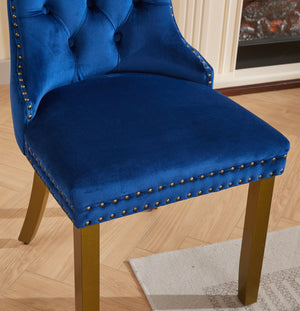English Elm Mid-Century Velvet Dining Chair with Lion Head Pull Ring, Tufted Solid Wood Seat, Gold Legs Blue W1143P193169