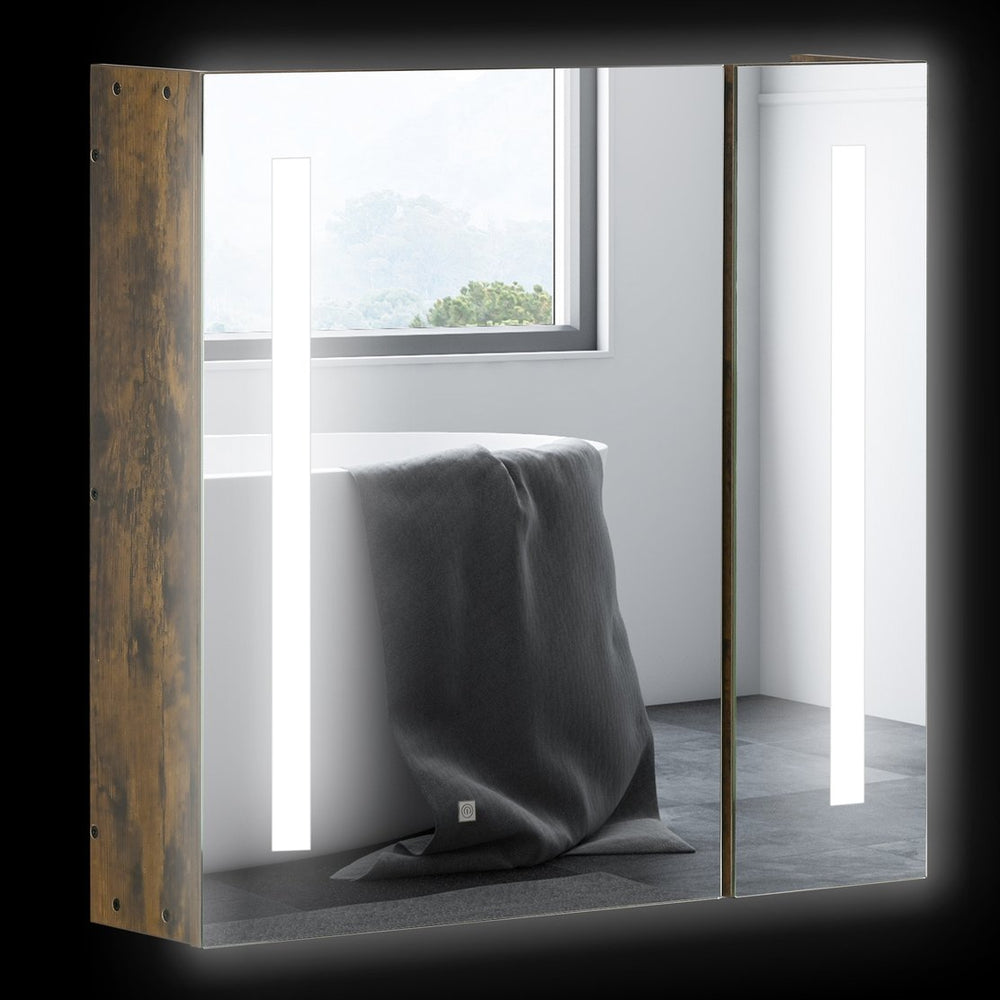 English Elm kleankin Rustic Brown Lighted Medicine Cabinet with Mirror, 27.5"x25.5" Dimmable LED, USB Charging, 3-Tier Storage, Smart Touch W2225P229718