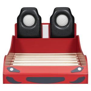 English Elm Wood Twin Race Car Platform Bed with LED Lighting, Upholstered Headrest, Sturdy Pine Build Red GX002218AAR