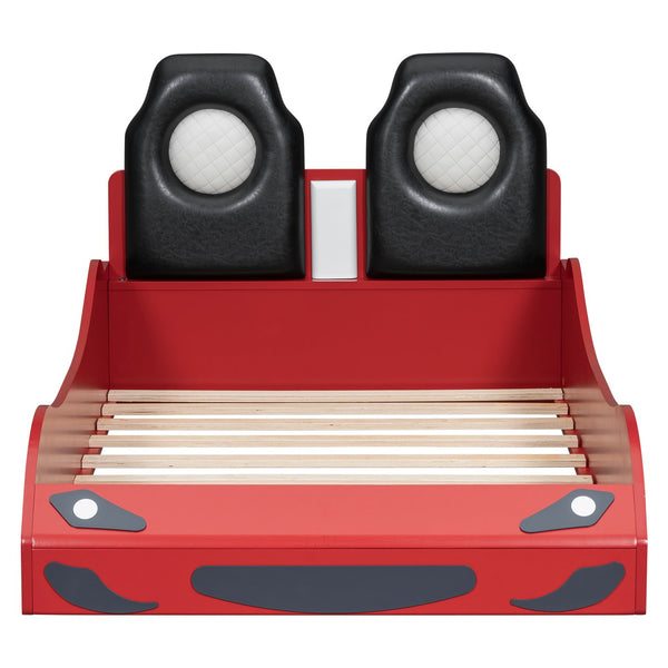 English Elm Wood Twin Race Car Platform Bed with LED Lighting, Upholstered Headrest, Sturdy Pine Build Red GX002218AAR