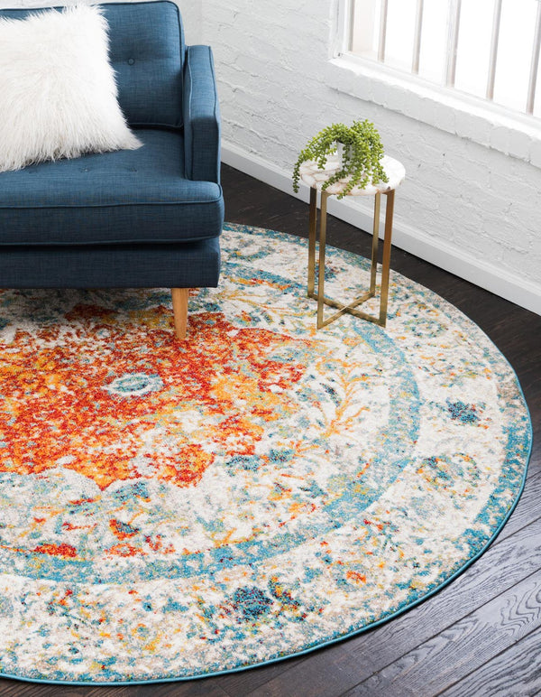 Unique Loom Rosso Strada Machine Made Border Rug Orange, Beige/Black/Gold/Ivory/Red/Blue 8' 0" x 8' 0"