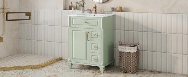 English Elm 24 Inch Freestanding Bathroom Vanity Solid Rubberwood Ceramic Sink Matte Finish Storage Green N725P375626G