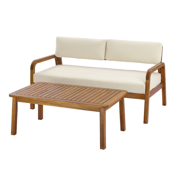 English Elm 2-pieces Outdoor Acacia Wood Loveseat and Coffee Table Set with Water-resistant Cushions N768P382499T
