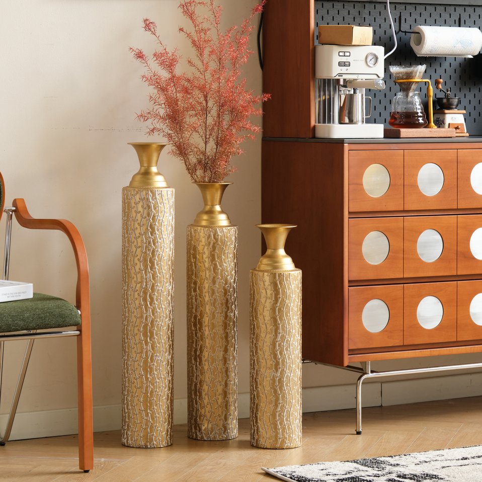 English Elm Metal Decorative Vases Set Of 3 - Antique Gold Finish With Etched Vine Patterns For Elegant Décor W2796P192834