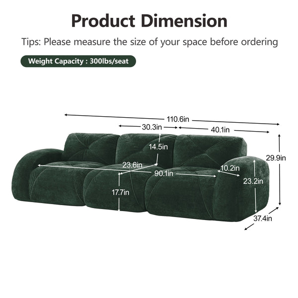 English Elm Three Seater Chenille Sofa with Ottoman Solid Wood Base Tufted Arms Living Room Green W714S01641