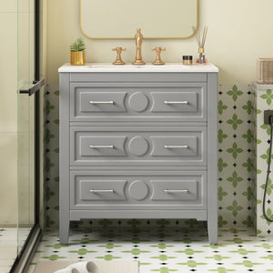 English Elm 30'' Bathroom Vanity with Ceramic Sink, Solid Wood Frame Retro Style Vanity with 3 Drawers & Gold Handles Gray N710P246209E