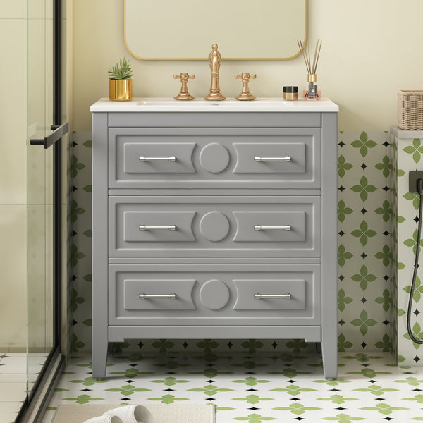 English Elm 30'' Bathroom Vanity with Ceramic Sink, Solid Wood Frame Retro Style Vanity with 3 Drawers & Gold Handles Gray N710P246209E