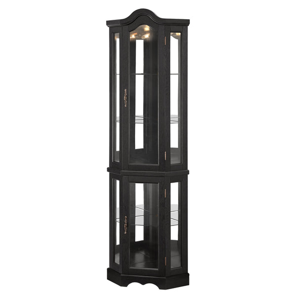 English Elm Lighted Corner Curio Cabinet With Adjustable Shelves & Integrated Lighting - Stylish Oak Display Solution W1758P300124