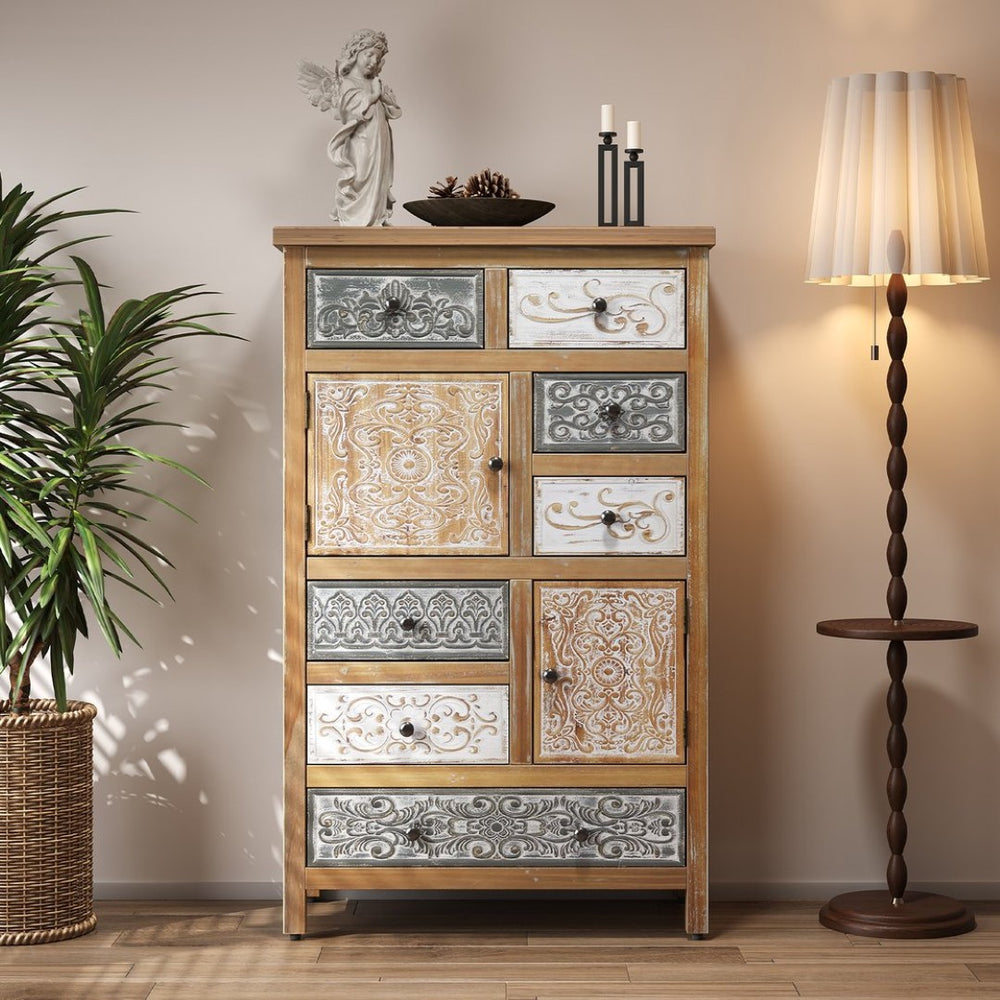 English Elm Vintage Tall Wooden Accent Cabinet - 6 Drawers & 2 Doors, Rustic Multicolor Storage For Home Decor W2295P388840-GIGA