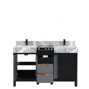English Elm Black Double Bath Vanity 55" W With Castle Grey Marble Top & Matte Black Faucet - Modern Storage Solution B2731P261099