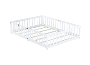 English Elm Full Size Floor Bed With Safety Guardrails & Convenient Door, Eco-Friendly Rubberwood Design In White W504P286379