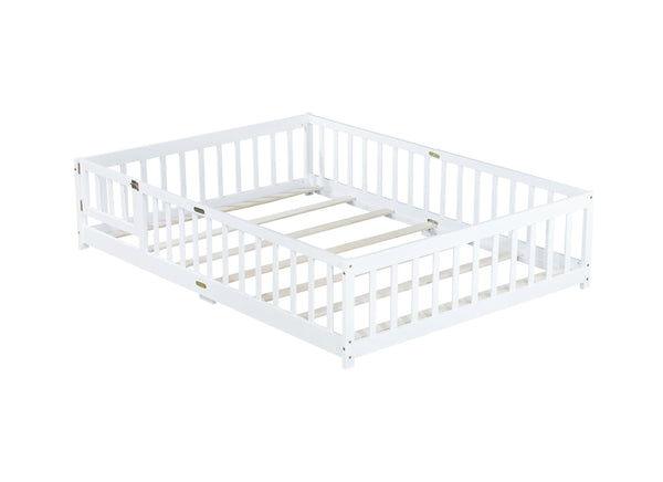 English Elm Full Size Floor Bed With Safety Guardrails & Convenient Door, Eco-Friendly Rubberwood Design In White W504P286379
