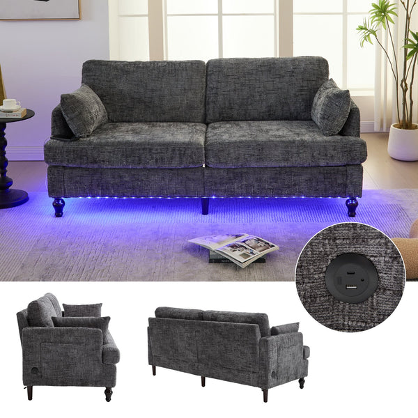 English Elm Modern chenille 2-seater sofa with LED lighting, USB charging, storage pocket, sturdy wood legs Gray W395P318544