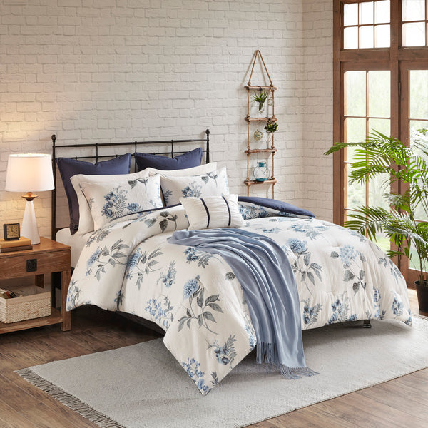 English Elm 7 Seersucker Comforter Set with Floral Print, Euro Shams, Decorative Pillow & Throw Blanket, Full/Queen Blue 23.62 L x 18.9 W x 12.2 H B03597121