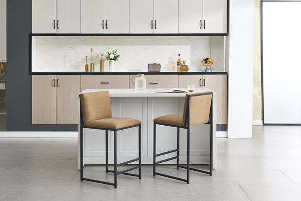 English Elm Counter Height Bar Stools Set of 2 Upholstered Linen Seats with Metal Frame & Cushion Comfort for Kitchen Bar and Dining Room Coffee W1249P257010