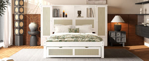 English Elm Twin Multifunctional Bed with Rattan Headboard Storage, Drawer & Shelves — Space-Saving Pine Design White 50.4 L x 19.8 W x 5.5 H N733S241280K