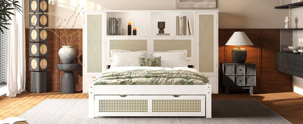 English Elm Twin Multifunctional Bed with Rattan Headboard Storage, Drawer & Shelves — Space-Saving Pine Design White 50.4 L x 19.8 W x 5.5 H N733S241280K