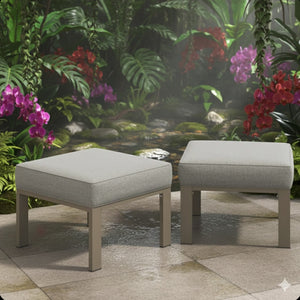 English Elm Set of 2 Outdoor Square Iron Ottomans with Thick Olefin Cushions for Patio Lounge Light Khaki+Beige B082P455118