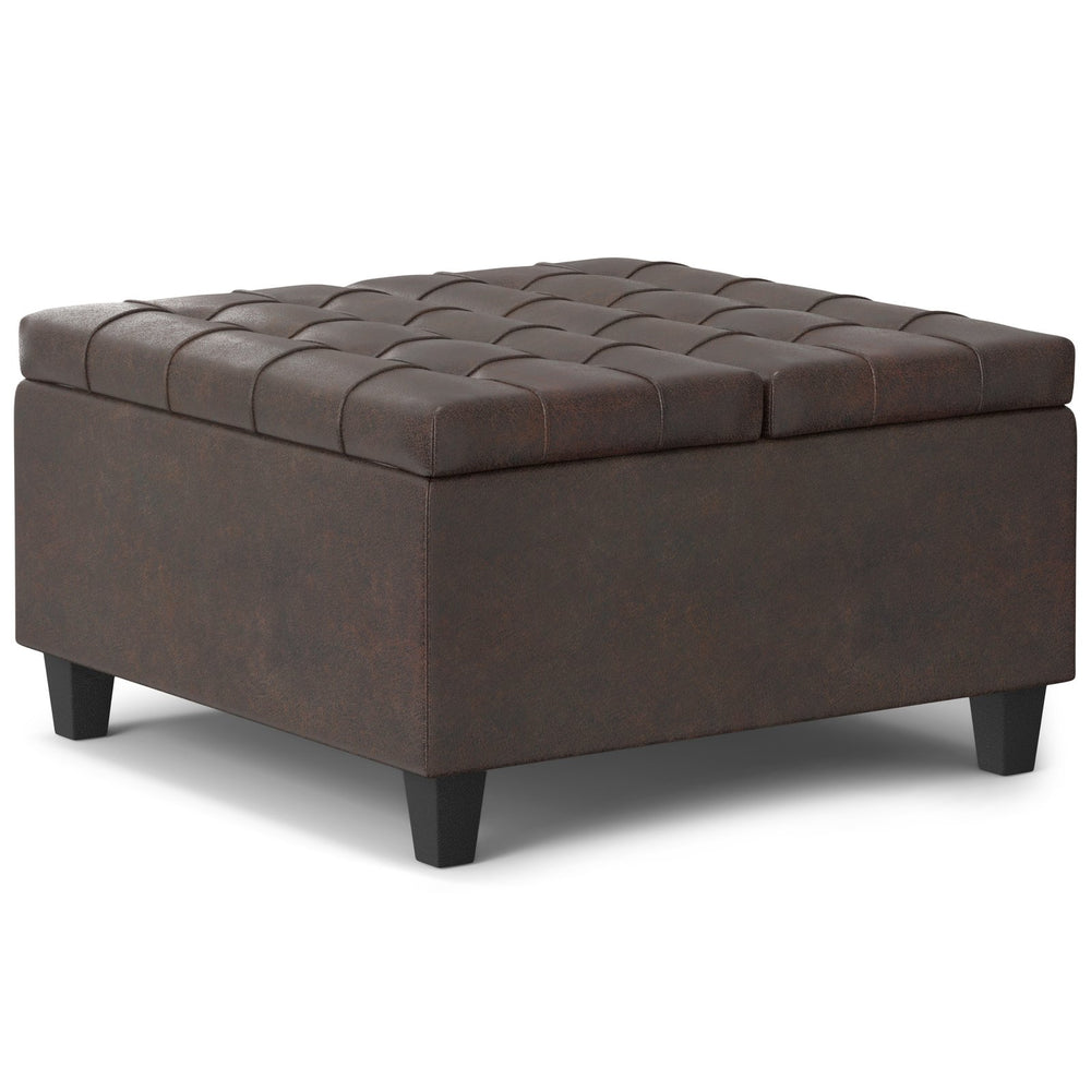 English Elm Harrison Distressed Brown Square Storage Ottoman Coffee Table with Lift-Top, Tufted Vegan Leather (30") B136P254724