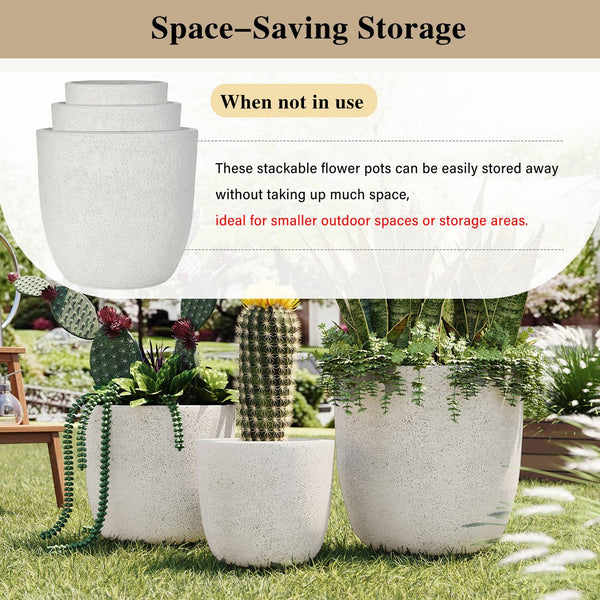 English Elm U_style Mgo Concrete Look Round Planters Set of 3 Lightweight Stackable Outdoor Pots White N711P406670A