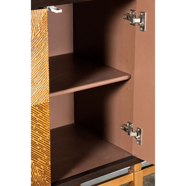 English Elm Capri Brown & Antique Gold Two-Tone 4-Door Accent Cabinet — Elegant Storage, Spacious Concealed Design B062P328616