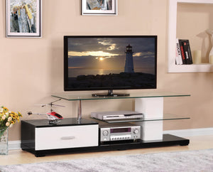 English Elm Ivana Modern White & Black TV Stand with Glass Shelves, 1 Drawer, Open Media Storage for 60" TVs B2726S00347