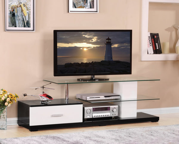 English Elm Ivana Modern White & Black TV Stand with Glass Shelves, 1 Drawer, Open Media Storage for 60" TVs B2726S00347