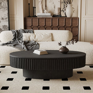English Elm 47'' Oval Storage Coffee Table Fluted Wood Veneer Lift Lid Sculptural Living Room Accent Black W1435P293221