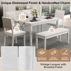 English Elm Trexm Rustic Farmhouse Extendable Dining Set Six Piece with Bench Distressed Wood Beige,White Washed ST000151AAE