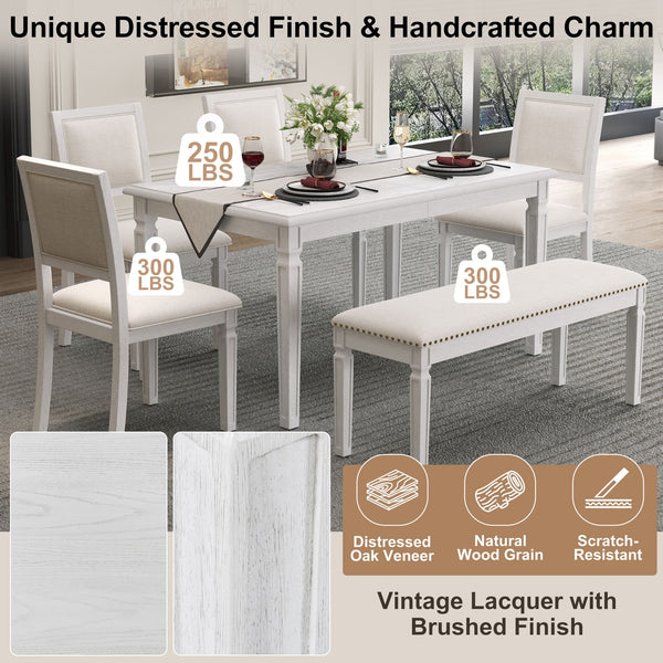 English Elm Trexm Rustic Farmhouse Extendable Dining Set Six Piece with Bench Distressed Wood Beige,White Washed ST000151AAE