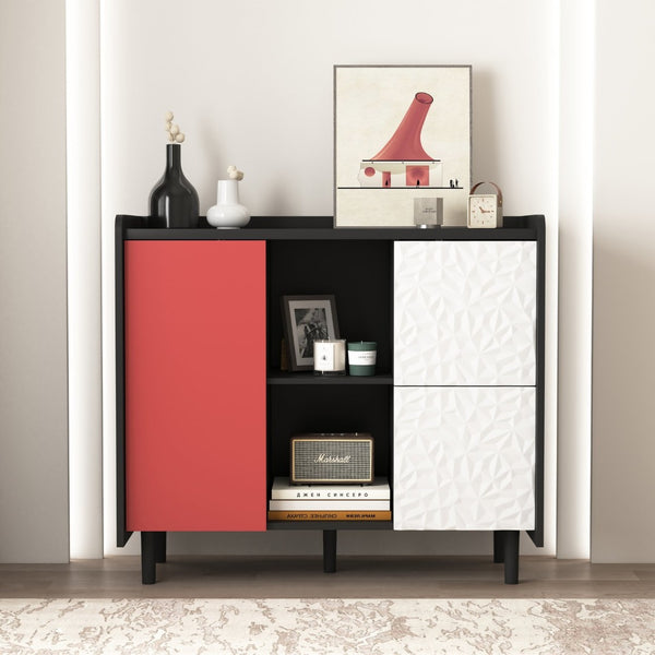 English Elm Sideboard Buffet Cabinet - Modern Black & Red Storage Solution With Unique Paneling For Home Decor W409P176588-GIGA