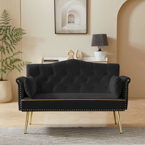 English Elm Black Velvet Tufted Two Seater Sofa with Metal Legs for Studio and Small Living Spaces Black W3985P401360
