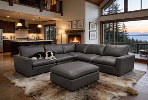 English Elm Leather Match L-shaped Sectional Sofa with Top-grain Upholstery for Open Living Rooms Blue Gray B2748S00170