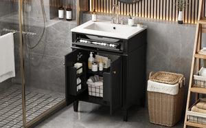 English Elm 24" Bathroom Vanity with Ceramic Basin, French-Inspired Accent Carvings, Soft-Close Doors & Storage Black N710P293309B
