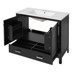 English Elm 36" Black Bathroom Vanity with Ceramic Sink, Soft-Close Doors, Divided Drawer & Double Shelves — Modern Storage Solution for Small to Medium Baths N729P276609B
