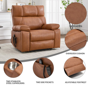 English Elm Orange Leatheraire Dual Motor Power Lift Recliner with Massage Heat and Lumbar W1803P340283