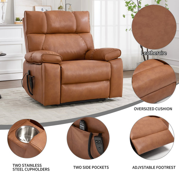 English Elm Orange Leatheraire Dual Motor Power Lift Recliner with Massage Heat and Lumbar W1803P340283