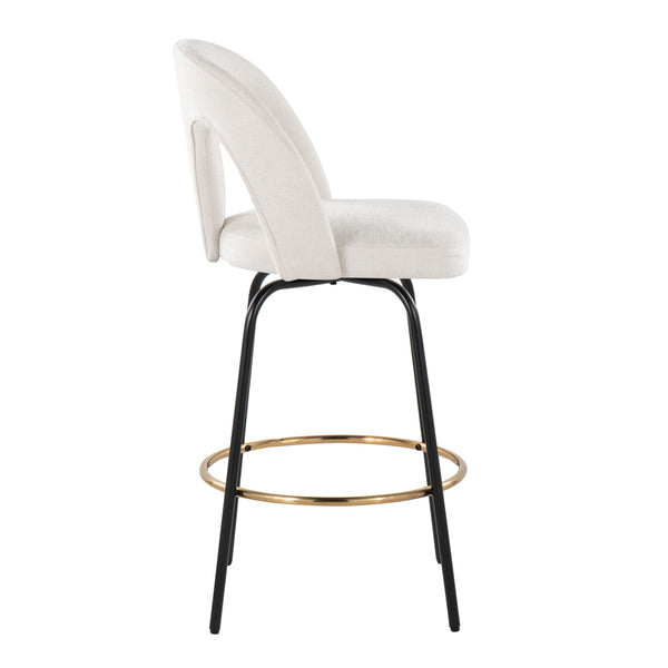 English Elm Fixed-height Swivel Counterstools with White Upholstery Gold Footrest Set of 2 B202S01784