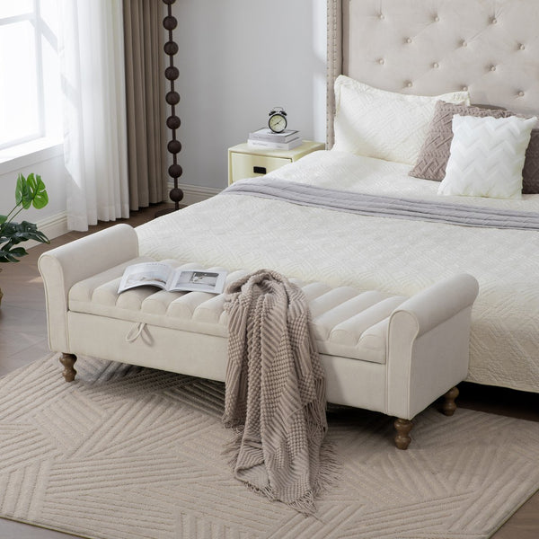 English Elm 65.55" Wide Upholstered Storage Bench Napped Fabric Rolled Arms Rubberwood Legs Entryway W3098P397304