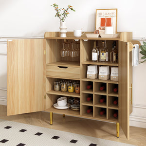 English Elm Modern Fluted Bar Cabinet with Wine Rack Glass Holders Adjustable Shelving and Hidden Drawer Natural N728P438606N