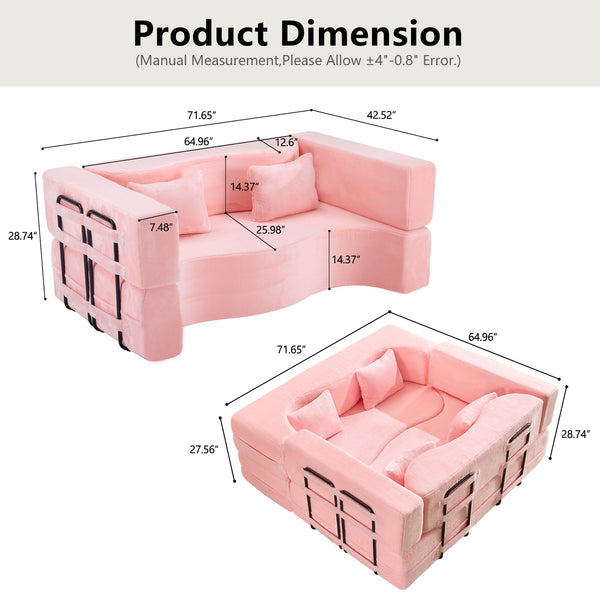 English Elm 71-inch folding sofa bed with plush fur cover, high-density foam futon sleeper, modern modular comfort Pink W1829S00065
