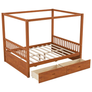 English Elm Wooden Canopy Queen Bed Solid Frame with Built-in Storage Drawers Slatted Base Walnut N7090005036L