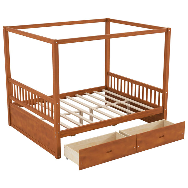 English Elm Wooden Canopy Queen Bed Solid Frame with Built-in Storage Drawers Slatted Base Walnut N7090005036L