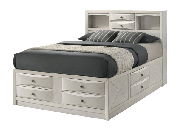 English Elm 1Pc Queen Bed With Integrated Shelving & Storage Drawers – Modern White Finish For Clutter-Free Living B2741S00149