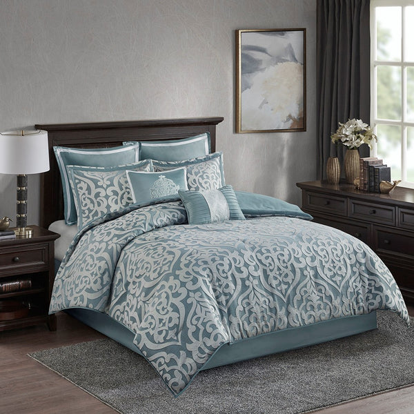 English Elm 8 Piece Jacquard Comforter Set - Luxurious Aqua/Silver Queen Ensemble For Elegant Bedroom Makeover B035128882
